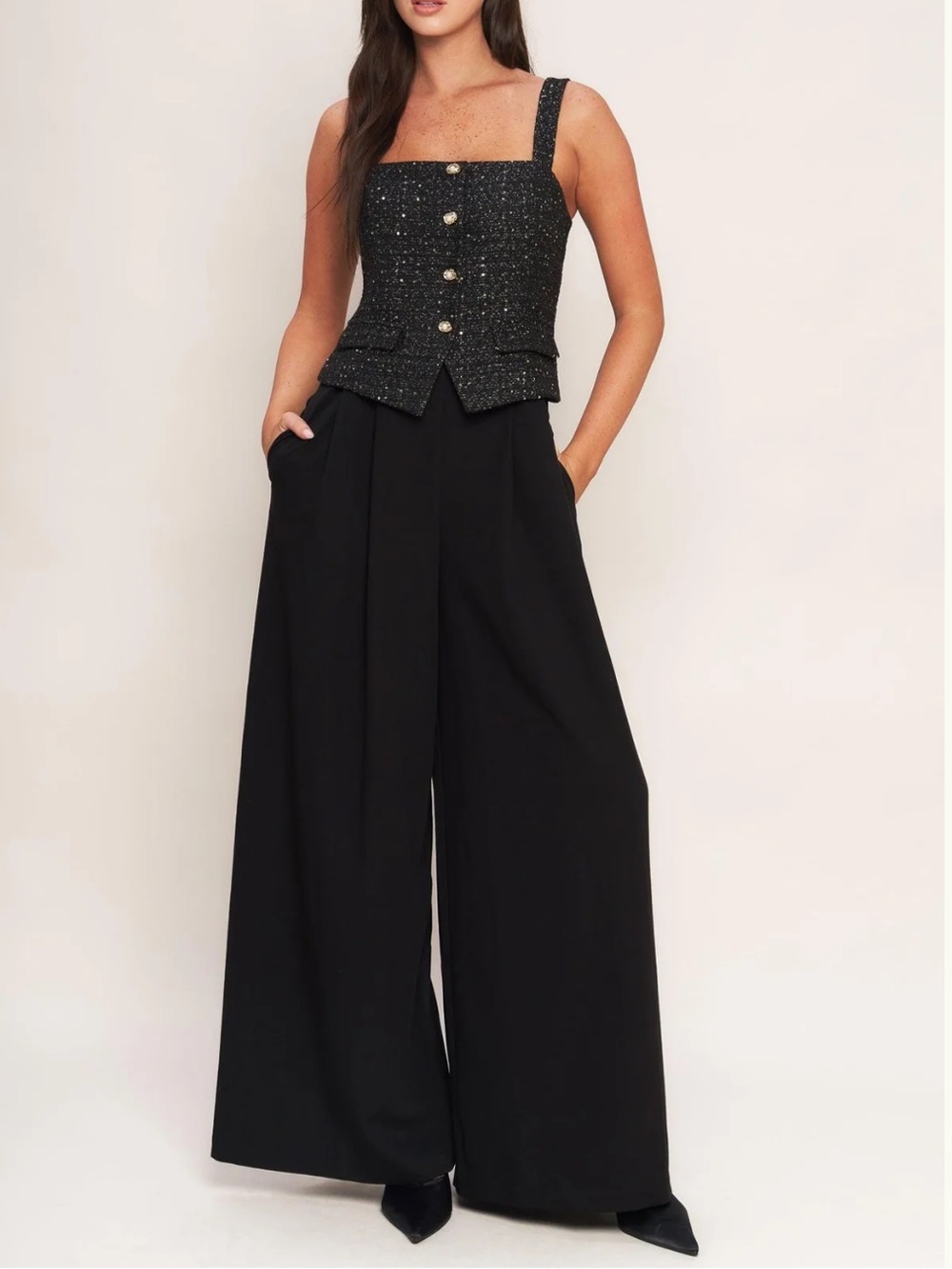NWT Flying Tomato Midnight Woven Jumpsuit | Black Sequin Tweed Wide Leg